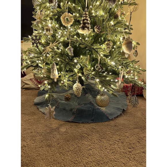 Recycled Denim Embroidered Hand Made Tree Skirt Jeans Blue Red Star Accents - Picture 4 of 10